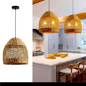 13” Rattan Pendant Light Fixture, 1 Light Bohemian Handmade Woven Bamboo Wicker